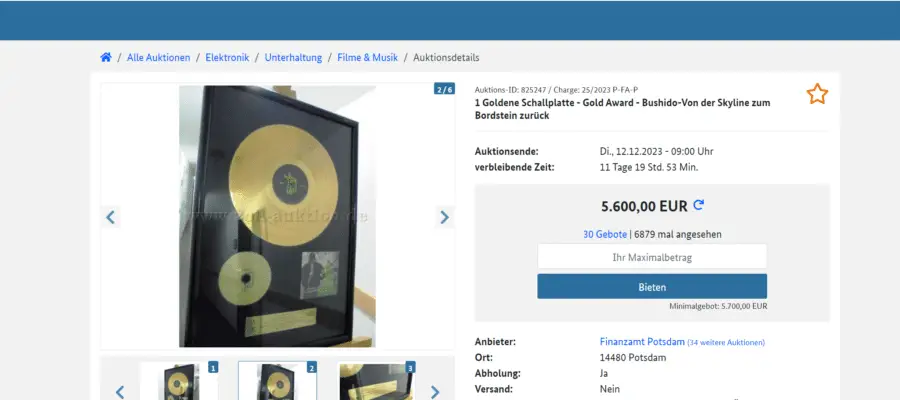 Von der Skyline zum Pfandhaus: Finanzamt Potsdam versteigert Goldene Schallplatte von Arafat für Bushido Album